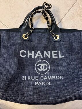 19C CHANEL Large Deauville Tote Black Canvas Calfskin LGHW